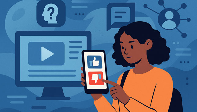 student holding a smartphone with thumbs-up and thumbs-down icons, surrounded by abstract digital media symbols and interface elements