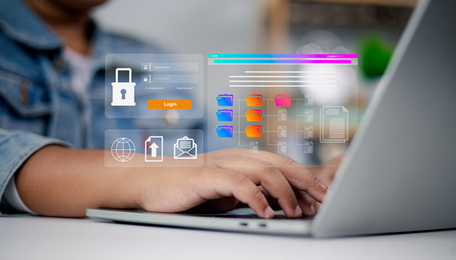 Person using a laptop with a futuristic interface showing data security, cloud computing, and digital document management