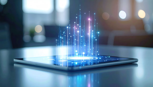 Digital tablet displaying abstract glowing light patterns and data streams