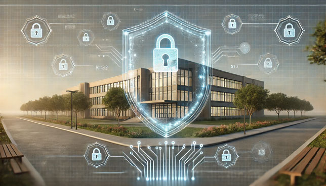 modern school building surrounded by a glowing digital shield and floating lock icons