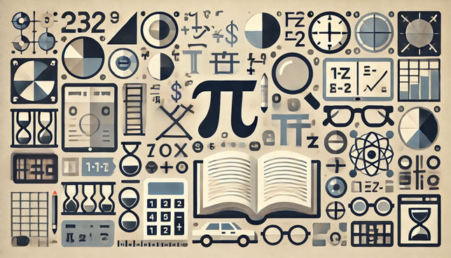 pattern of icons for math and reading, including a pi symbol, calculator, and open book