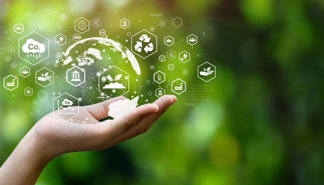 hand holding globe and environmental icons in front of a green background