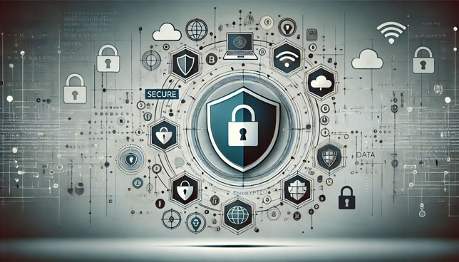 Stylized illustration showing cybersecurity elements like shields, padlocks, and secure cloud icons on a neutral, minimalist digital background