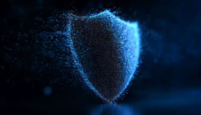 A digital shield composed of glowing particles