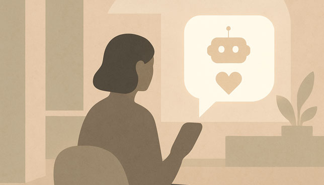 silhouetted person holding a phone, facing a glowing digital speech bubble with a robot icon and heart symbol