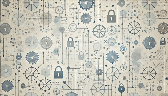 pattern featuring interconnected lines, nodes, lock icons, and cogwheels