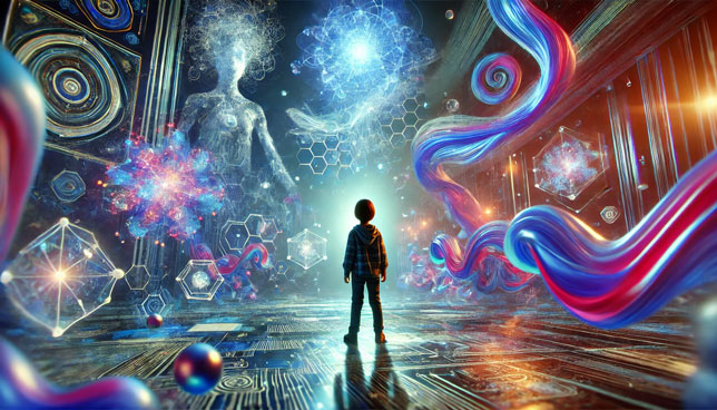 A child surrounded by glowing, fluid virtual patterns and holographic shapes, illuminated in a dark gradient environment of blue, purple, and pink.