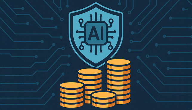 shield with an AI microchip emblem hovering above stacks of gold coins