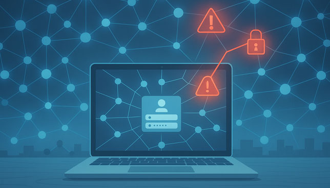 laptop displaying a network map with connected blue nodes and red warning icons