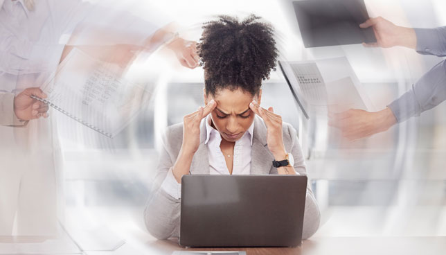 business woman and stress with burnout, busy and multitasking