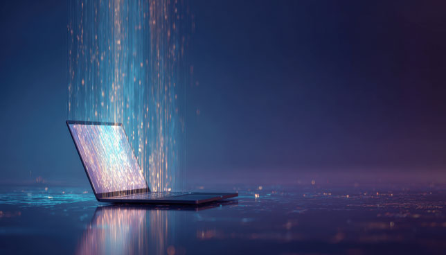 open laptop with data streams