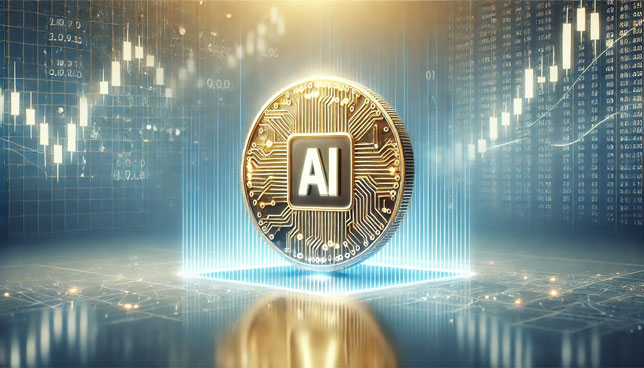 a glowing golden coin with a circuit board pattern, set against a gradient blue and white background with faint stock market graphs and metallic letters "AI" integrated into the design