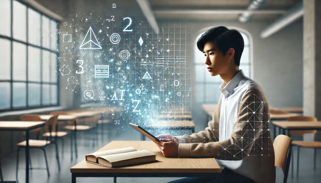student using a tablet with math symbols dissolving into a glowing AI