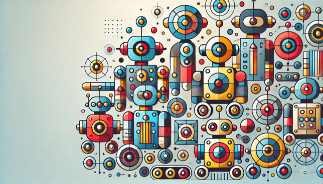 Geometric illustration of colorful robotic toys with distinct features like heads, arms, wheels, and antennas on a light gradient background