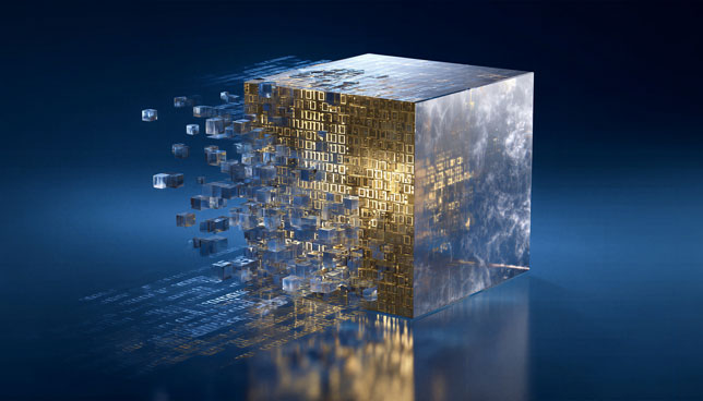 Futuristic metallic block with pixelated digital erosion effect