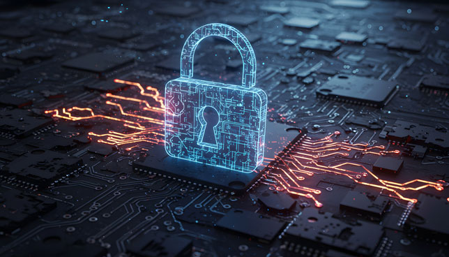 Cybersecurity Lock Icon on Microchip