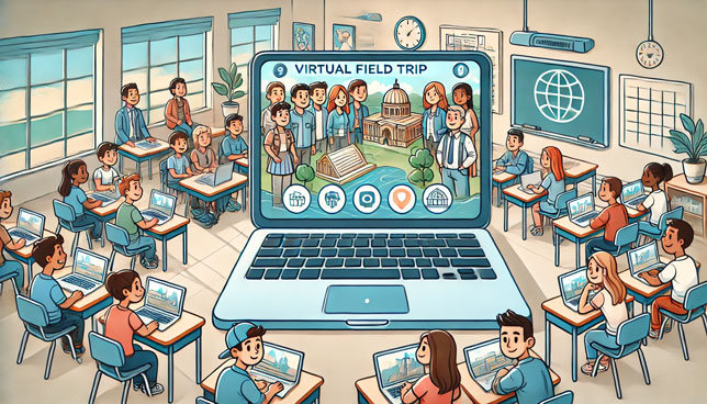  classroom scene with students gathered around a laptop showing a virtual tour interface