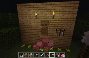 My daughters Minecraft with lots of pigs because she added a pig spawner.