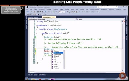 Intended for students 10 and up, "Teaching Kids Programming" features Microsoft Visual Studio and C# in lessons that take just over an hour to complete.