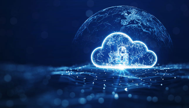 large cloud icon on the right in an abstract world above a polygon with a dark blue background