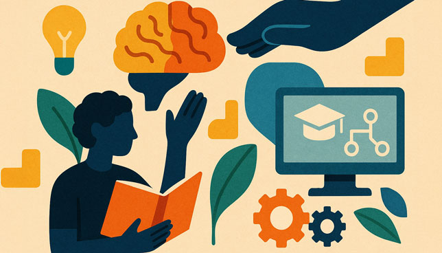 student reading a book with a brain, a protective hand, a computer monitor showing education icons, gears, and leaves