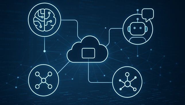 central cloud platform connected to various AI icons—including a brain, robot, and network nodes