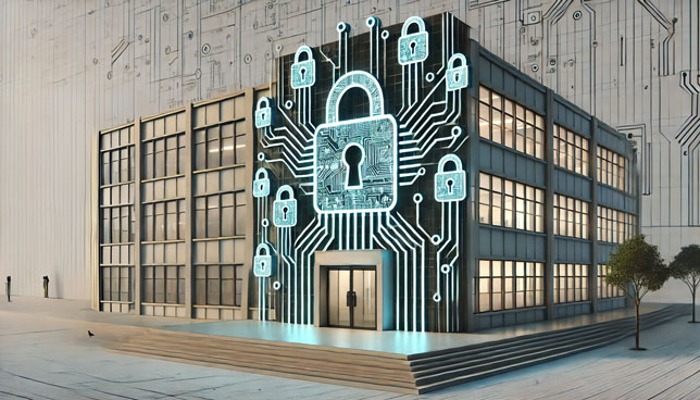 elementary school building with circuit board patterns and glowing digital padlocks embedded on its walls
