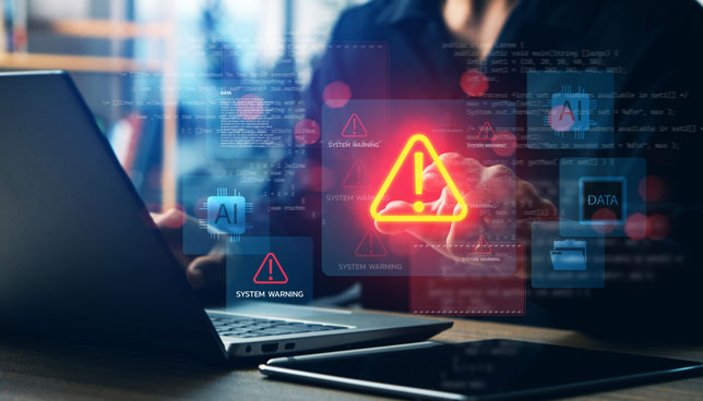 Cybersecurity system warning alert on laptop with AI and data icons