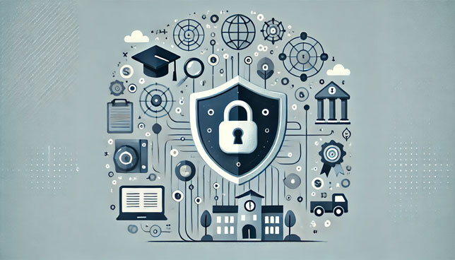 illustration showing a large lock and shield, with school and tech icons like a graduation cap, laptop, and school building