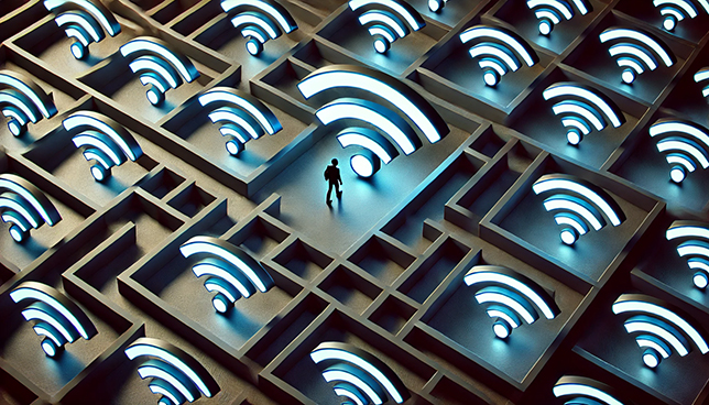 A top-down view of a person walking through a maze with walls made of glowing blue Wi-Fi symbols on dark pathways