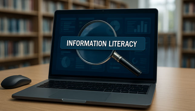 laptop on a library table with a magnifying glass on the screen highlighting the words "Information Literacy" against a background of data charts