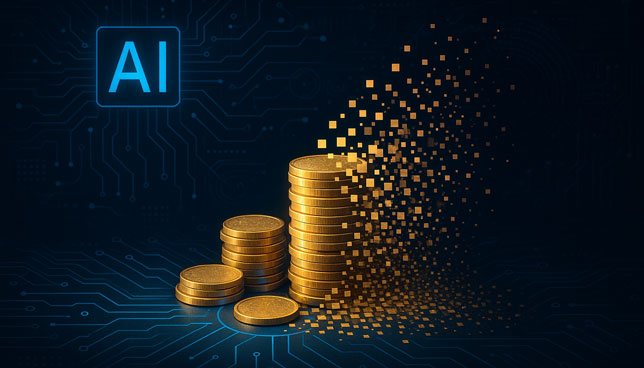 stack of gold coins disintegrates into digital particles against a dark circuit-board background with glowing AI imagery