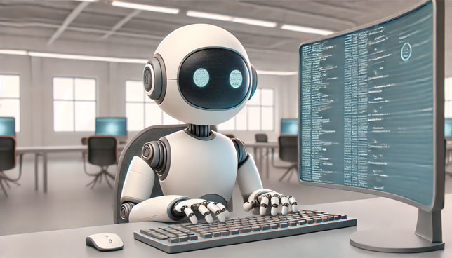 robot typing on a computer