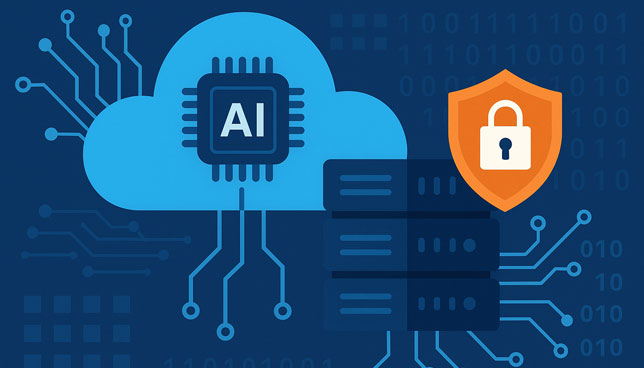 blue AI cloud connected to circuit lines, a server stack, and a shield with a padlock icon