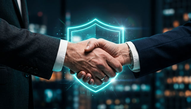 Two business professionals seal a deal with a firm handshake, illuminated by a glowing shield icon