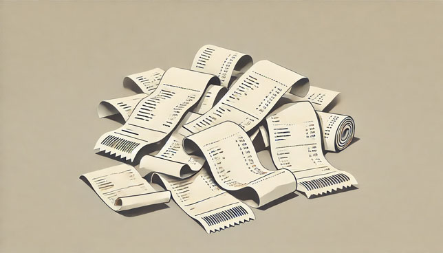 pile of slightly crumpled paper receipts scattered on a flat surface