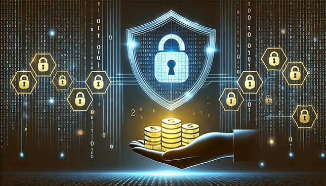 depiction of cybersecurity funding featuring a shield with a glowing digital lock at its center