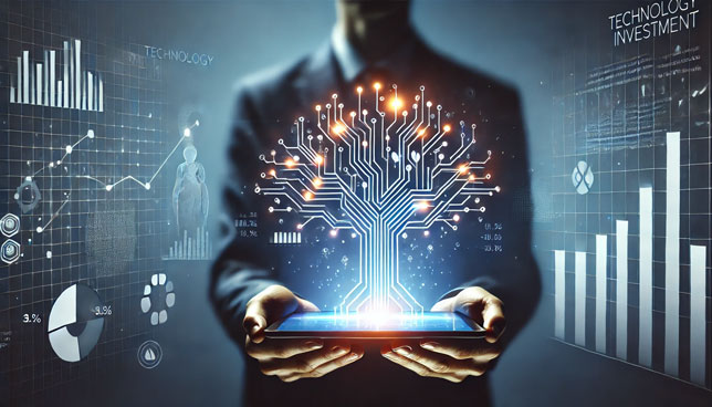 abstract human figures stand in a minimalist, futuristic setting; one presents a glowing digital tree with circuit-like branches, while the other holds a tablet displaying data analytics, against a dark blue and silver gradient background with faint financial graphs