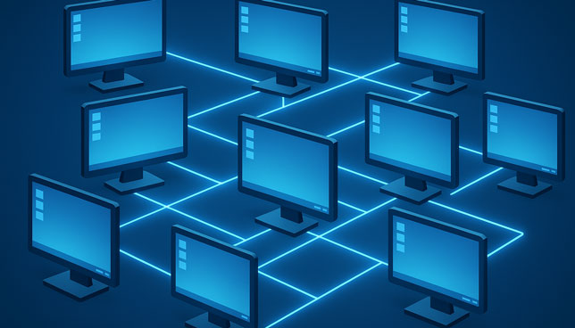 multiple computer monitors connected by glowing blue lines in a network grid