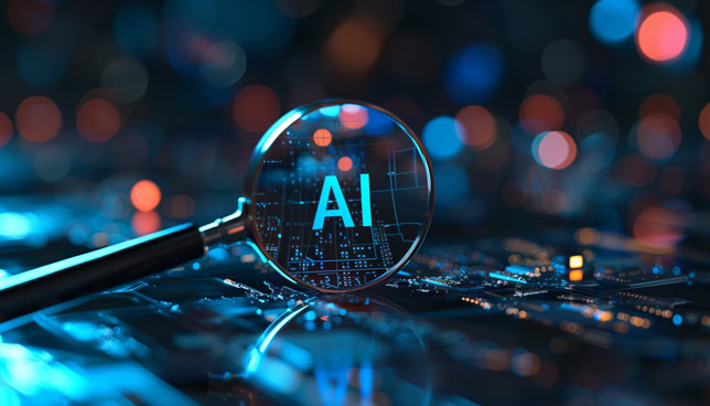 magnifying glass revealing the letters AI