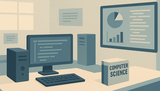 computer science classroom featuring a desktop setup with code on the screen, a large wall display with charts, and a labeled book on a clean desk
