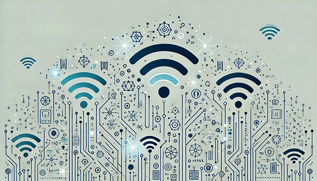 pattern of WiFi symbols with additional glowing technology elements