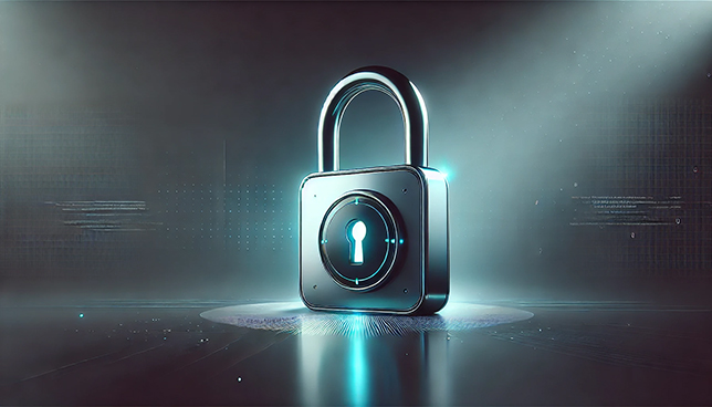 metallic padlock with a glowing keyhole, set on a dark gradient background with a faint digital grid and blue-green highlights