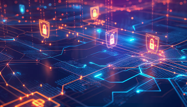 lock icons, shields, and glowing data paths