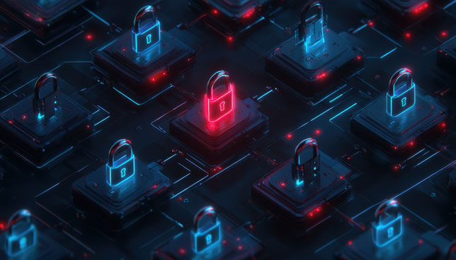 Neon blue security locks with a single red highlight