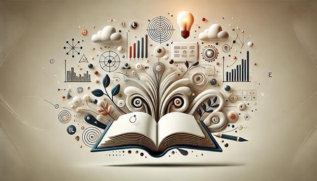 a large open book at the center with floating shapes, papers, charts, and lightbulbs on a soft gradient background