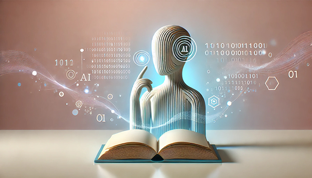 abstract AI figure interacting with an open book