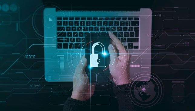 Businessman working on smartphone laptop computer with padlock symbol