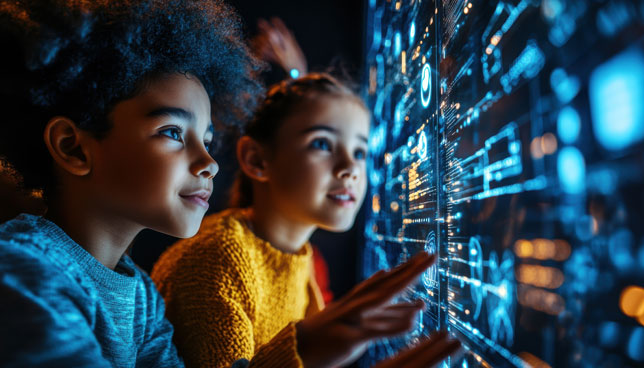 Children looking at screen displaying AI technology