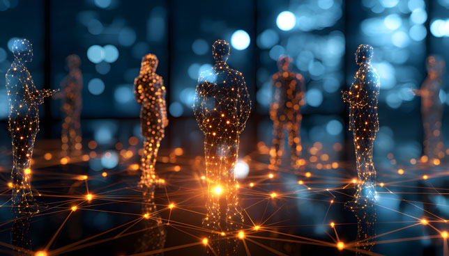 futuristic representation of interconnected individuals within a digital network